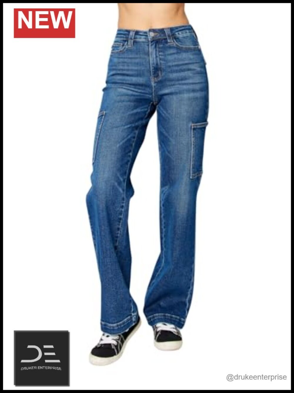 High Waisted Wide Leg Cargo Pocket Jeans Cotton Stretch Utility